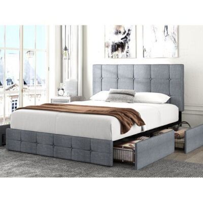 Amolife Queen Size Platform Bed Frame with Headboard and 4 Storage Drawers, Button Tufted Style, Light Grey