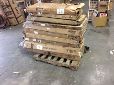 Pallet of Uninspected E-Commerce Returns Including; Sewing Machine Table, Dining Table, Computer Desk & (7) Bed Frames