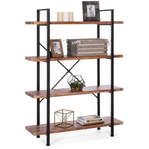 4-Shelf Industrial Open Bookshelf w/ Wood Shelves, Metal Frame