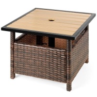 Outdoor Wicker Patio Side Table Accent Furniture w/ Umbrella Hole. Appears New
