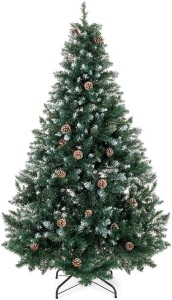 Hinged Artificial Christmas Tree w/Snow Flocked Tips, Pine Cones, Metal Stand - 6ft