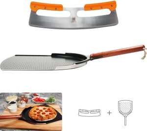 The Ultimate 14" Pizza Peel & Pizza Cutter Set. The Ultimate Pizza Stone for Oven & Grill. 16 inch Round Baking Stone with Exclusive ThermaShock Protection & Core Convection Tech for the Perfect Crispy Crust on Pizzas & Bread. No-Spill Stopper - NEW