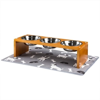Triple Raised Pet Bowl Stand with Mat. NEW