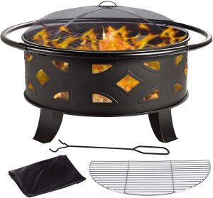 OOX 36'' Wood Burning Steel Firepit Bowl with Mesh Spark Screen, Over Log Grate, Fire Poker 