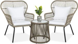 3-Piece Patio Conversation All-Weather Wicker Bistro Set w/ 2 Wide Ergonomic Chairs, Cushions, Glass Top Side Table