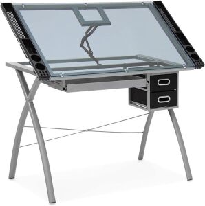 Tempered Glass Adjustable Drafting Table w/Drawers