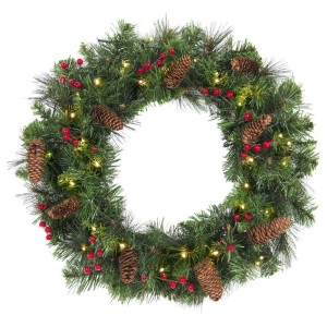24in Pre-Lit Spruce Christmas Wreath w/ 50 LED Lights, Pine Cones, Berries