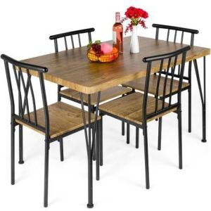 5-Piece Modern Metal and Wood Dining Table Furniture Set w/ 4 Chairs