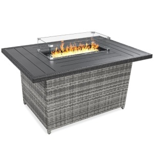 Wicker Propane Fire Pit Table, 50,000 BTU w/ Glass Wind Guard, Cover - 52in