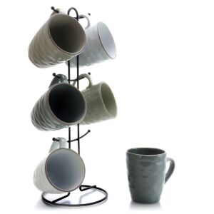 Elama Tahitian Waves 6-Piece 12 oz. Stoneware Coffee Tea Mug Set with Wire Stand