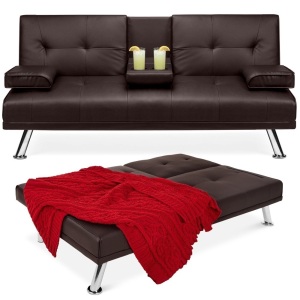 Faux Leather Upholstered Convertible Sofa Bed Futon w/ 2 Cupholders 