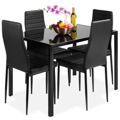 5-Piece Dining Table Set w/ Glass Top, Leather Chairs 