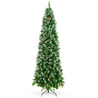 Partially Flocked Spruce Pencil Christmas Tree w/ Berries, Pine Cones - 7.5ft