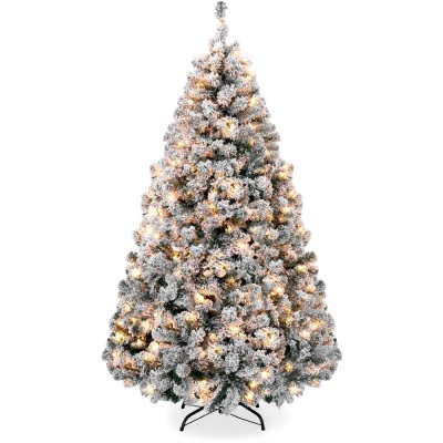 Pre-Lit Snow Flocked Artificial Pine Christmas Tree w/ Warm White Lights - 7.5ft