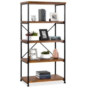 5-Tier Industrial Bookshelf w/ Metal Frame, Wood Shelves