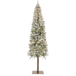Pre-Lit Snow Flocked Alpine Slim Pencil Christmas Tree w/ LED Lights, Stand - 7.5ft