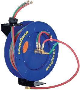 Goodyear Welding Hose Reel Retractable 1/4" Inch x 50’ Foot Twin Oxygen Acetylene Rubber Hoses STD Duty Max 300PSI Heavy Duty Industrial Single Arm Construction