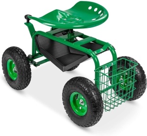 4-Wheel Garden Cart Mobile Rolling Work Seat w/Tool Tray, Storage Basket, Rubber Tires