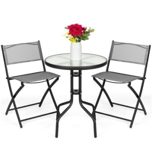 3-Piece Bistro Set w/ Glass Table, 2 Foldable Chairs. Appears New