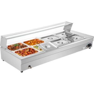 VEVOR 8-Pan Bain Marie Food Warmer 6-inch Deep, 1500W Electric Countertop Food Warmer 88 Qt with Tempered Glass Shield, 110V Food Grade Stainelss Steel Commercial Table with 8 Lids & 2 Ladles