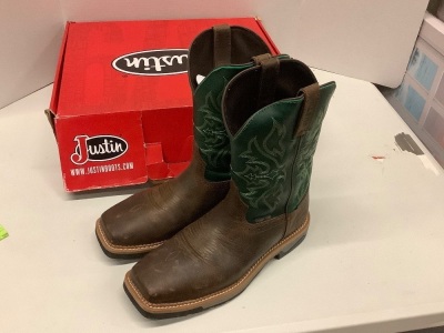 Justin Shadow Tan, T-Bone Green Boots, Size 9.5D