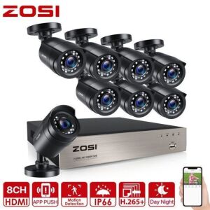 ZOSI H.265+ 8CH 5MP Lite DVR 1080P Home Security Camera System Outdoor, 8pcs 1080P 1920TVL Surveillance Weatherproof Bullet Cameras, 80ft IR Night Vision, Motion Alert, Remote Access, No HDD