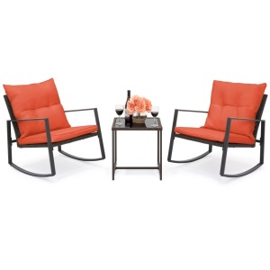 Patio Wicker Bistro Furniture Set w/ 2 Rocking Chairs, Glass Side Table, Cushions 