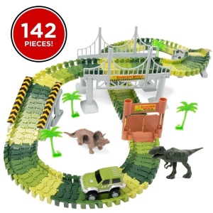 Lot of (2) 142-Piece Kids Big Robot Dinosaur Figure Racetrack Play Set w/ Battery Operated Car