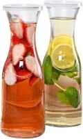 Estilo Glass Beverage Pitcher Carafe With Plastic Lids, Narrow Neck Design,1 liter, Set of 2
