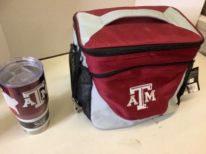 ATM Collegiate Logo Cup and Cooler, Ecommerce Return/Appears New, Long strap missing on bag