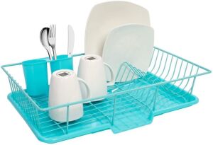 Sweet Home Collection Dish Rack Drainer 3 Piece Set with Drying Board and Utensil Holder, 12" x 19" x 5", Turquoise