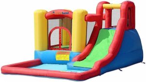 Bounceland Jump and Splash Adventure Bounce House with Basketball Hoop, Long Slide with Climbing Wall, Blower Included