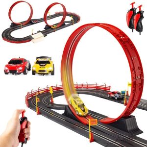 Electric Slot Car Race Track Set w/ 2 Cars, 2 Controllers, Customizable Courses, 360 Loops