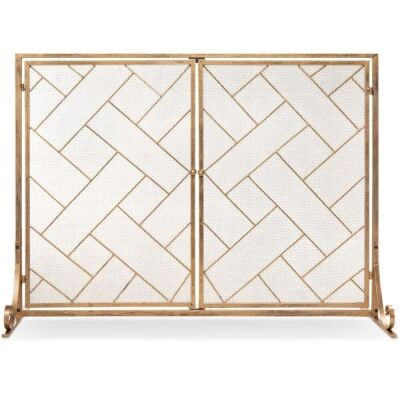 2-Panel Wrought Iron Geometric Fireplace Screen w/ Magnetic Doors - 44x33in