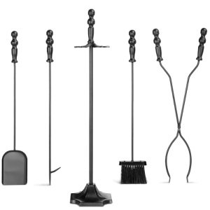 5-Piece Rustic Iron Fireplace Tool Set w/ Tongs, Poker, Broom, Shovel, Stand