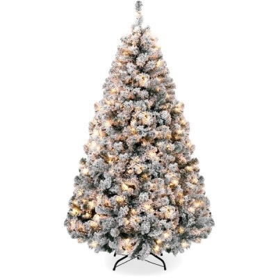 Pre-Lit Snow Flocked Artificial Pine Christmas Tree w/ Warm White Lights - 9ft