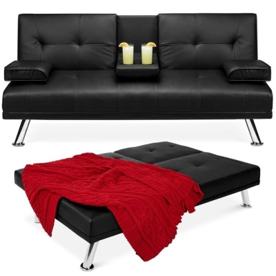 Faux Leather Upholstered Convertible Sofa Bed Futon w/ 2 Cupholders