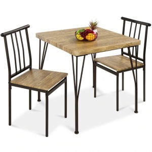 3-Piece Metal Wood Square Dining Table Furniture Set w/ 2 Chairs - Brown