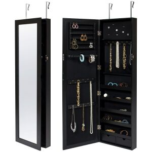 Mirrored Lockable Jewelry Cabinet Armoire Organizer with Door Hanging Hooks and Wall Mount