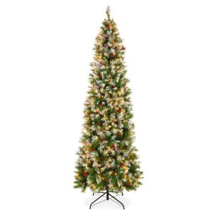 12' Pre-Lit Partially Flocked Spruce Pencil Tree w/ Berries, Pine Cones