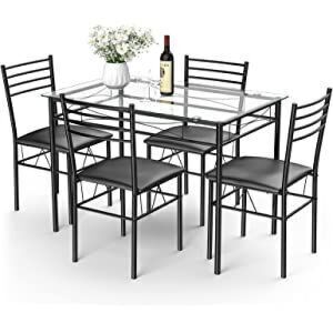 5 Piece Dining Table Set w/ Glass Table Top 