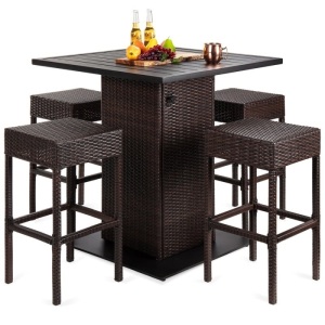 5-Piece Wicker Bar Set w/ 4 Stools, Built-In Bottle Opener, Hidden Storage. Missing Some Hardware