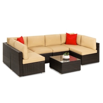 7-Piece Modular Wicker Sectional Conversation Set w/ 2 Pillows, Cover