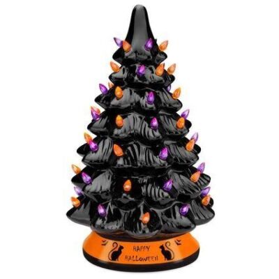 Pre-Lit 15in Ceramic Halloween Tree w/ Orange & Purple Bulb Lights