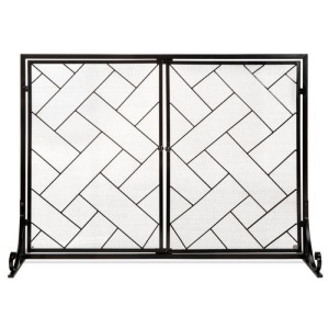 2-Panel Wrought Iron Geometric Fireplace Screen w/ Magnetic Doors - 