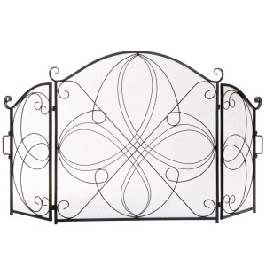 3-Panel Wrought Iron Metal Fireplace Screen Cover w/ Scroll Design - 55x33in