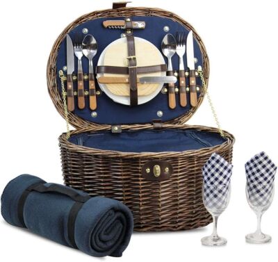 HappyPicnic Unique Natural Wicker Willow Picnic Basket for 2 Persons with Service Set and Insulated Cooler Bag