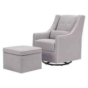 DaVinci Owen Upholstered Swivel Glider with Side Pocket and Storage Ottoman in Grey with Cream Piping