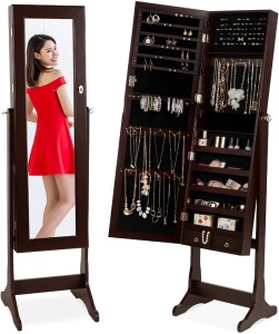 Full Length Standing Jewelry Mirror Armoire w/ Velvet Interior