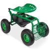 4-Wheel Garden Cart Mobile Rolling Work Seat w/Tool Tray, Storage Basket, Rubber Tires